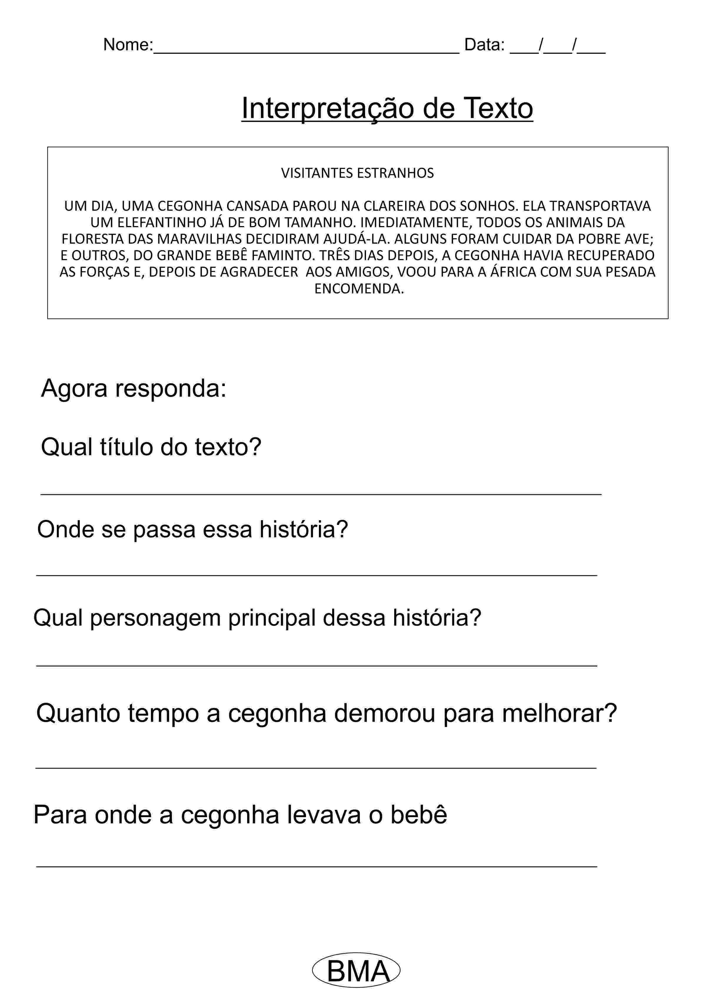 Atividade de interpretação de texto 2 ano