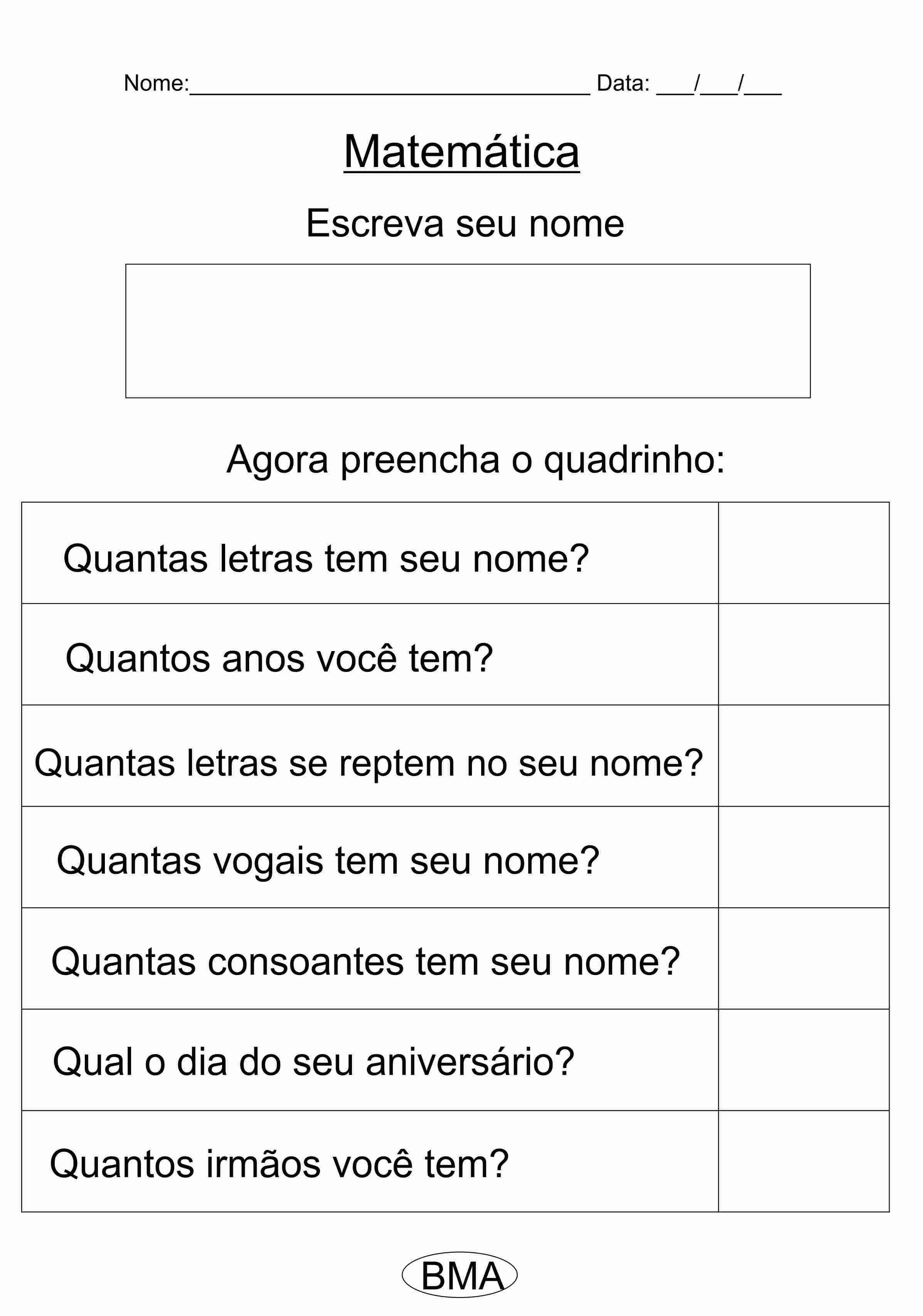 atividade de matematica 1 ano